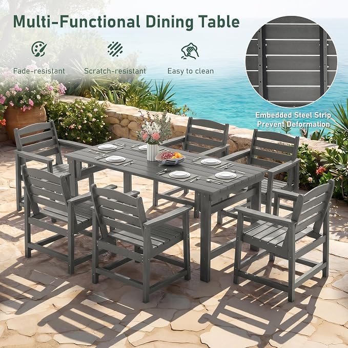 Furnimart 7-Piece Outdoor Dining Set, 67" HDPE Dining Table and Chairs for 6, All-Weather Patio Dining Set with Umbrella Hole, Outdoor Furniture Set for Backyard, Garden, Lawn & Poolside, Grey