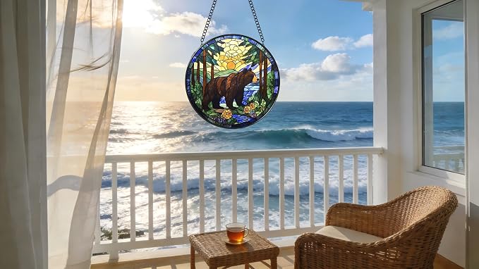 Stained Glass Window Hanging - A Black Bear is Walking in The Forest 6.3 Inches Suncatcher for Garden Home Decor for Women Mom Grandma Friends