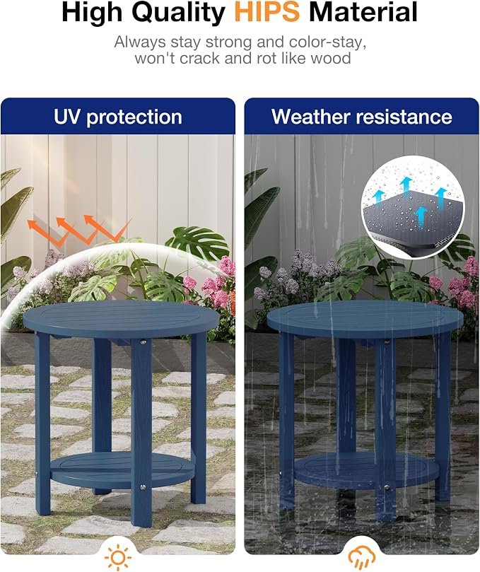 YEFU Outdoor Side Table for Patio: 16in HIPS Small Round Outdoor End Table - 2-Tier Adirondack Tables for Patio Porch Yard Poolside Living Room Beach Bedroom (Navy, 1 Pack)