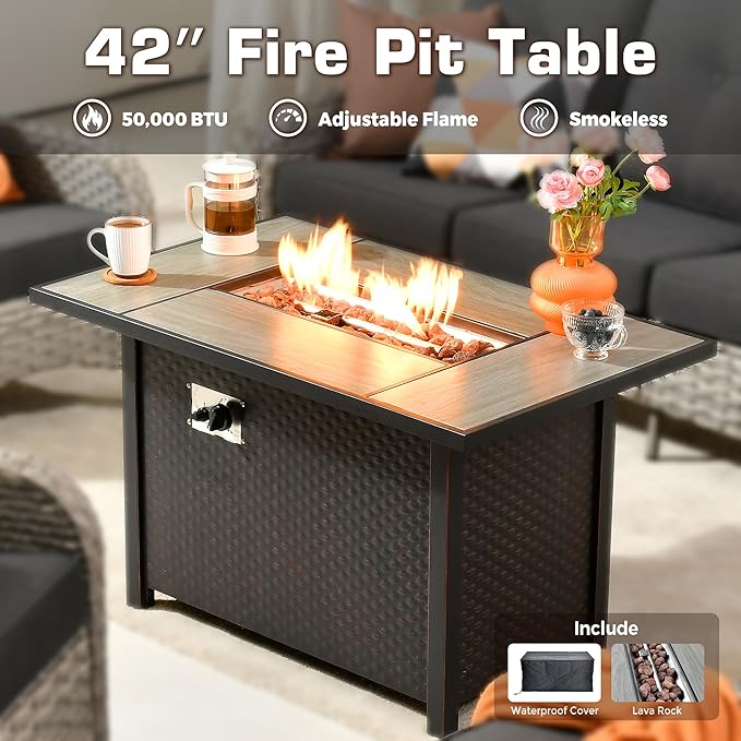 6-Piece Outdoor Patio Furniture Set with Fire Pit Table,All Weather Wicker Rattan Patio Seating Sofa and Chair Set with Ottomans,Outdoor Conversation Sets with 3 Seater Couch for Porch Deck Yard,Black
