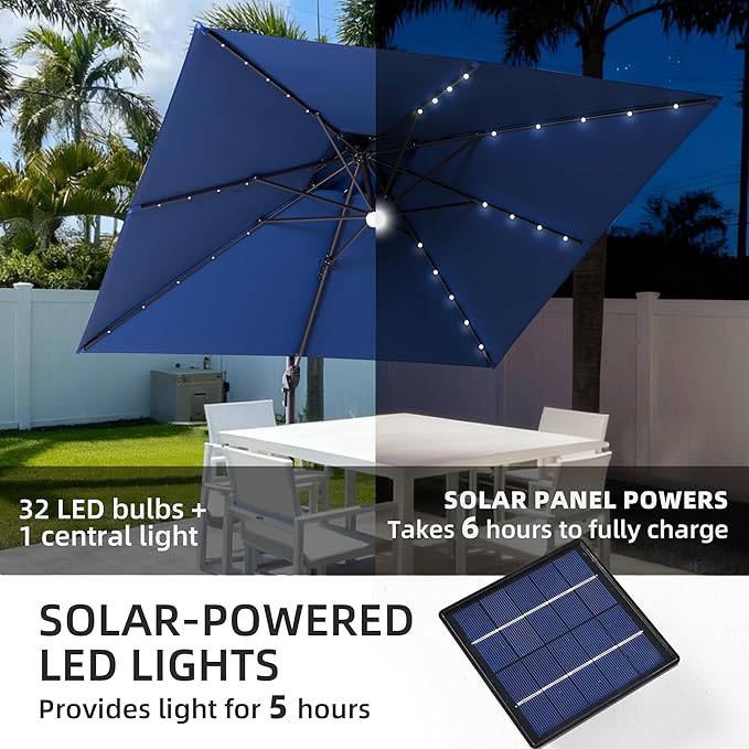JZAC & QZYD 9x9 FT Outdoor Cantilever Patio Umbrella with Base Included and Solar LED Lights, Large Heavy Duty 2-Tier Square Aluminum Offset Umbrellas with 360-Degree Rotation for Pool Deck, Navy