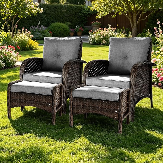 SHGJ&SOFT All Weather Patio Furniture Set, High Back Swivel Rocker Glider Chairs，Ottomans & Glass Tables, Outdoor Conversation Set for Deck Porch Yard Poolside (Grey, 4PCS-Chairs&Ottomans)