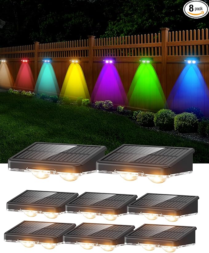 Solar Fence Lights, Outdoor IP65 Waterproof LED, RGB Fence Lights Solar Powered 7 Colors, for Wall, Patio, Deck, Backyard, Garden, Pool, Railing (8 Pack)
