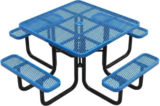 46-Inch Square Outdoor Picnic Table – Commercial Heavy-Duty Steel Dining Table with Thermoplastic Coating, Weather & Rust Resistant, Ideal for Parks, Patios, Schools, Campgrounds (Blue)