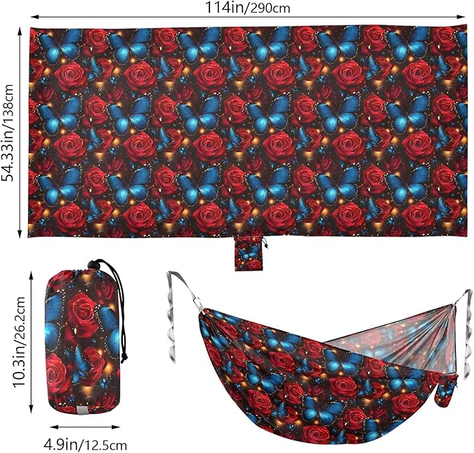 Camping Hammock Outdoor Hammocks for Outside Blue Butterfly Red Rose Beach Trees Portable Lightweight with Pockets Tree Straps Indoor