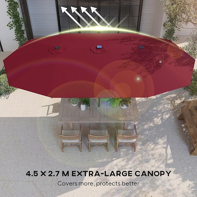 Outsunny 14.8ft Double Umbrella, Large Outdoor Patio Sun Shade with LED Solar Light for Garden