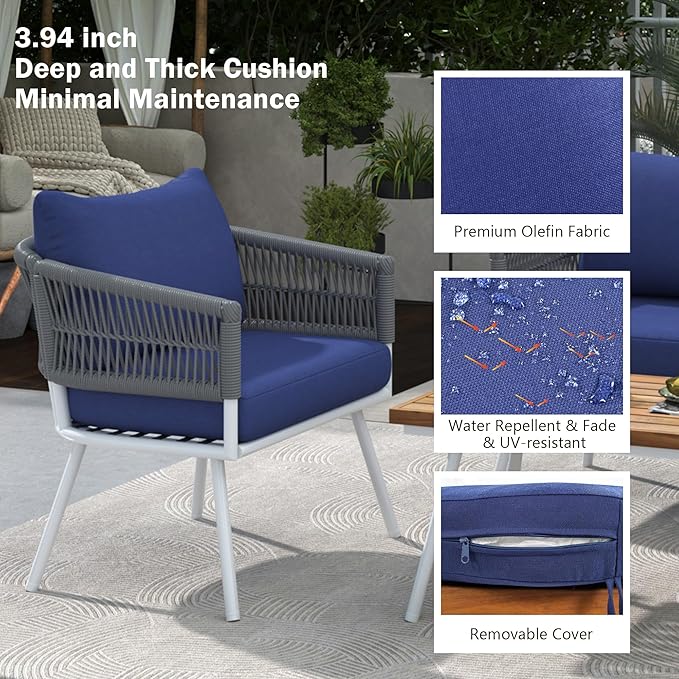 GOWE 4-Piece Boho Rope Patio Furniture Set, Outdoor Furniture with Acacia Wood Table, Patio Conversation Set with Deep Seating & Thick Cushion for Backyard Porch Balcony, Navy Blue