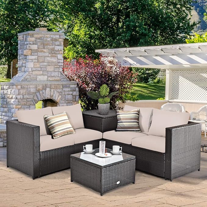 Tangkula 8 Piece Wicker Patio Set with Storage, All Weather-Proof Outdoor Conversation Set, with Loveseat, Glass Top Coffee Table & Storage Box, Suitable for Garden, Poolside, Sunroom (2, Brown)