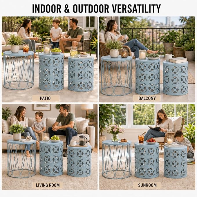 Y&M Outdoor Side Tables Set of 3, Metal Stacking Patio Side Tables for Outside, Round Indoor End Tables, Decorative Garden Stool Plant Stand for Patio Garden Balcony Porch, Light Blue