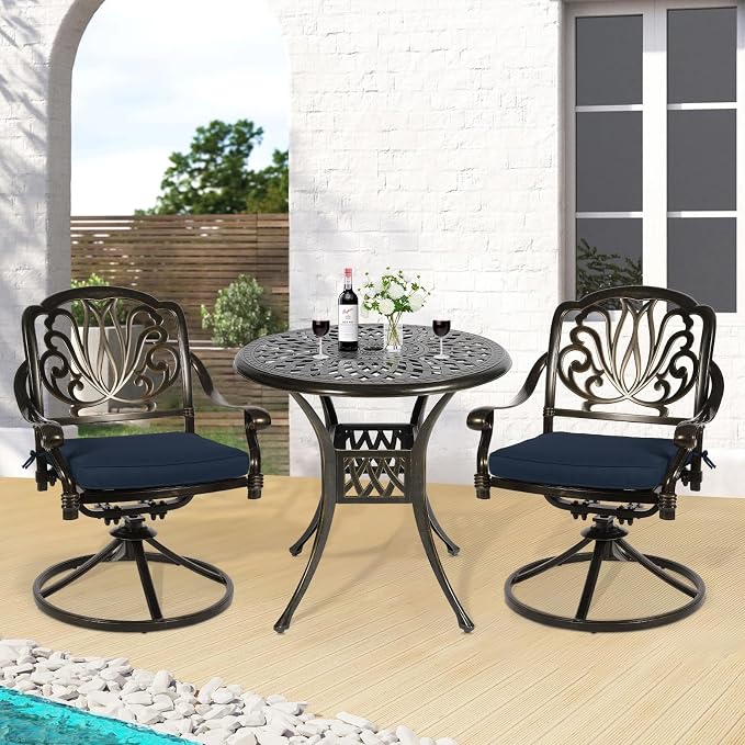 3-Piece Outdoor Patio Dining Set, All-Weather Cast Aluminum Patio Furniture Set for Backyard Garden Deck with 2 Swivel Cushioned Chairs and 31” Round Table, 2" Umbrella Hole, Navy Blue