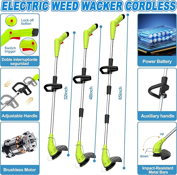 Aokia Electric Weed Wacker Cordless, 12V Battery Powered Weed Eater Cordless with Adjustable Pole (65inch), Lightweight Grass Trimmer Cutter/Edger/Mower with 2 Types Blade for Garden and Yard Lawn
