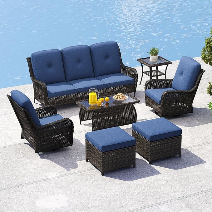 kinbor Outdoor Sectional Furniture - Outdoor Patio Conversation Sets, 7 Pieces Outdoor Sectional Sofas with Swivel Rocking Chair, Brown Wicker Rattan Patio Furniture Set, Navy Blue