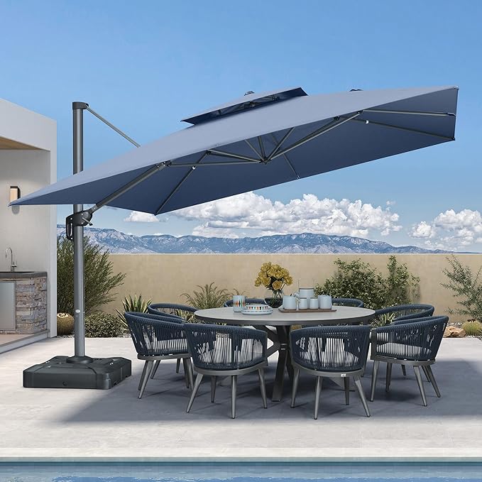 PURPLE LEAF 12FT Sunbrella Cantilever Umbrella Outdoor Square Double Top Large Offset Hanging 360° Rotation Heavy Duty Umbrella for Garden Patio Deck Pool Backyard Spectrum Denim