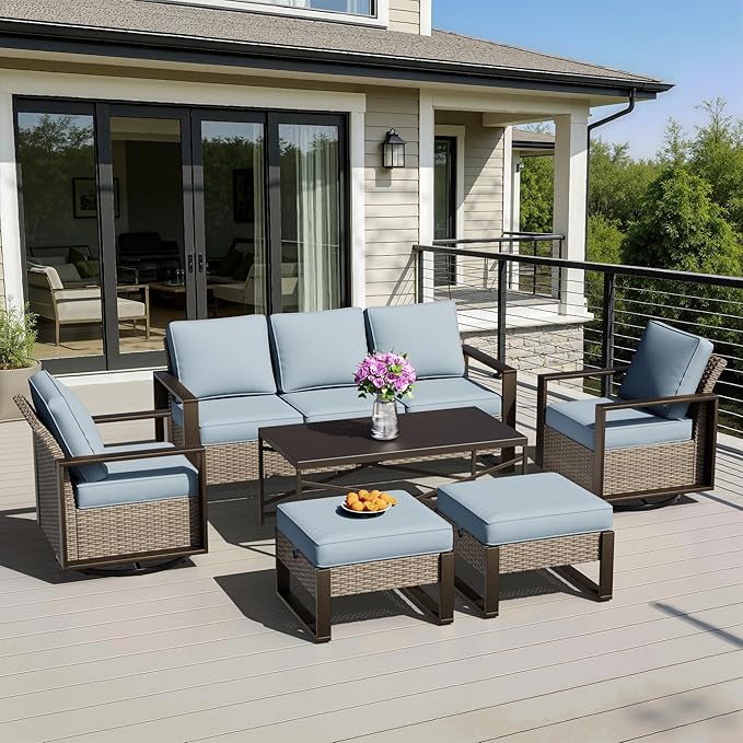 6 Pieces Metal Wicker Patio Furniture Set - 75" Sofa, Two Swivel Chairs and Two Ottomans, One Coffee Table All Weather Rattan Outdoor Conversation Furniture with Washable Cushion for Deck, Baby Blue