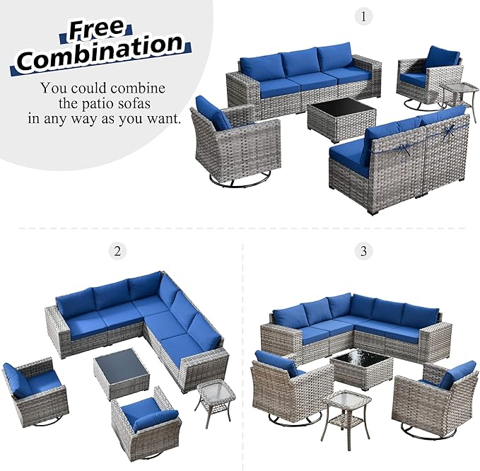 HOOOWOOO Outdoor Patio Sectional Furniture Sofa Set with Swivel Rocking Chairs,9 Piece Modern Wicker Couch with Widened Armrest,Modular Conversation Seating Set for Garden(Navy Blue)