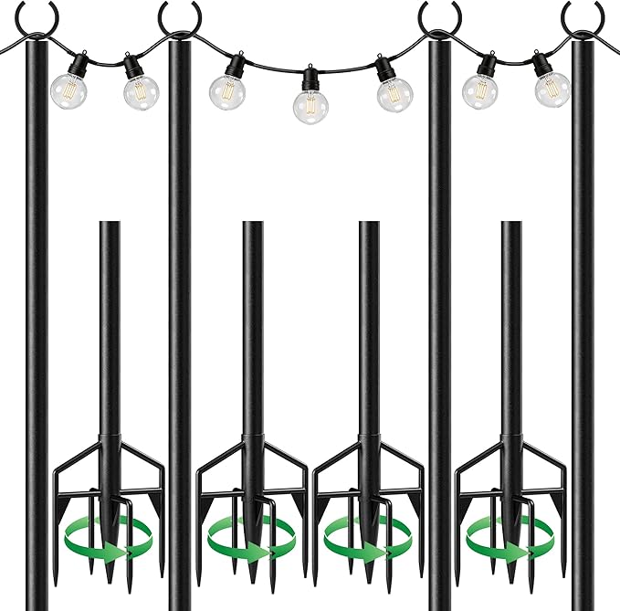 LAND·VOI String Light Poles 4 Pack, Heavy Duty Outdoor Light Poles with Upgraded 5‑Prong Base, Anti‑Bending Stable Design for Backyard Patio Garden Wedding Party Decoration
