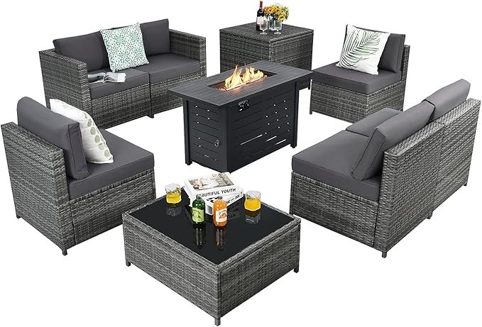 Tangkula 9 Pieces Patio Rattan Furniture Set, Patiojoy Sectional Sofa Set w/Fire Pit Table, Storage Box, Coffee Table, Outdoor Wicker Conversation Set w/ 42” Propane Fire Pit Table (Grey)