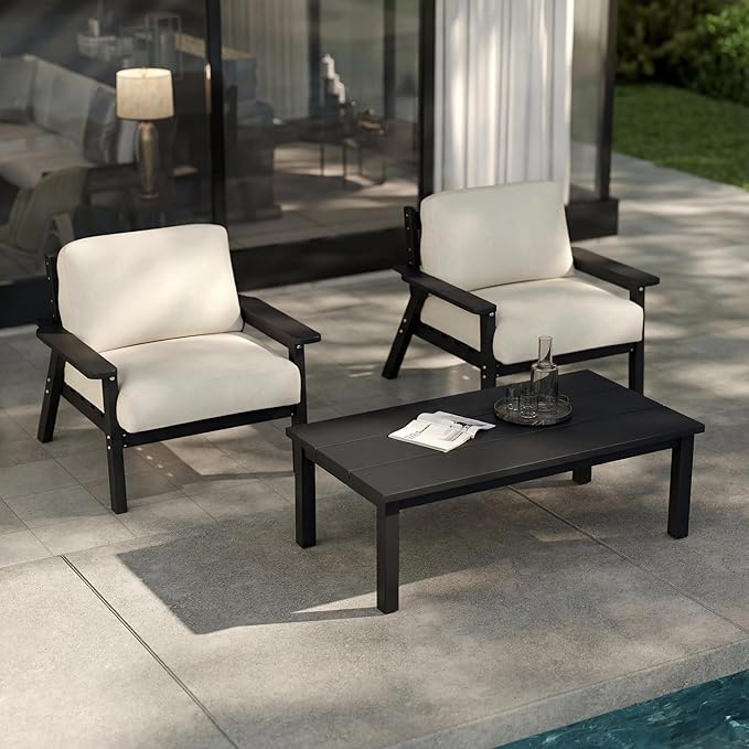 Patio Furniture Set with Washable Thick Beige Cushions, HDPE Outdoor Couch, All-Weather Outdoor Sectional Furniture, Patio Conversation Sets for Lawn, Garden, Porch (Black Frame)