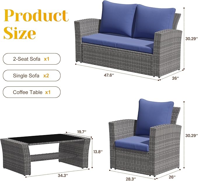 4-Piece Outdoor Patio Furniture Set, All Weather Wicker Rattan Sectional Sofa Conversation Seating Set with Cushions & Large Glass Coffee Table, Ideal for Garden Backyard Porch, Blue