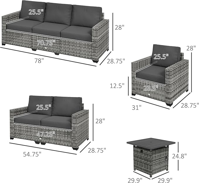 Outsunny 5 Piece Patio Furniture Set with 30" Fire Pit Coffee Table, Wide Deep PE Rattan Wicker Outdoor Conversation Sofa Set with Cushions, Dark Gray