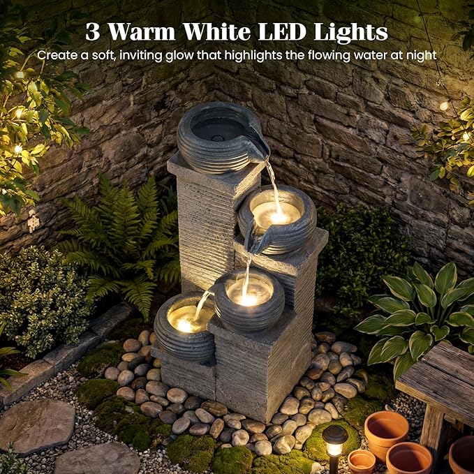 Giantex 4-Tier Water Fountain Outdoor, 23 Inch Cascading Bowls Waterfall Fountain with Warm LED Lights & Pump, Outside Zen Water Feature for Patio, Balcony, Deck, Garden, Yard Decor