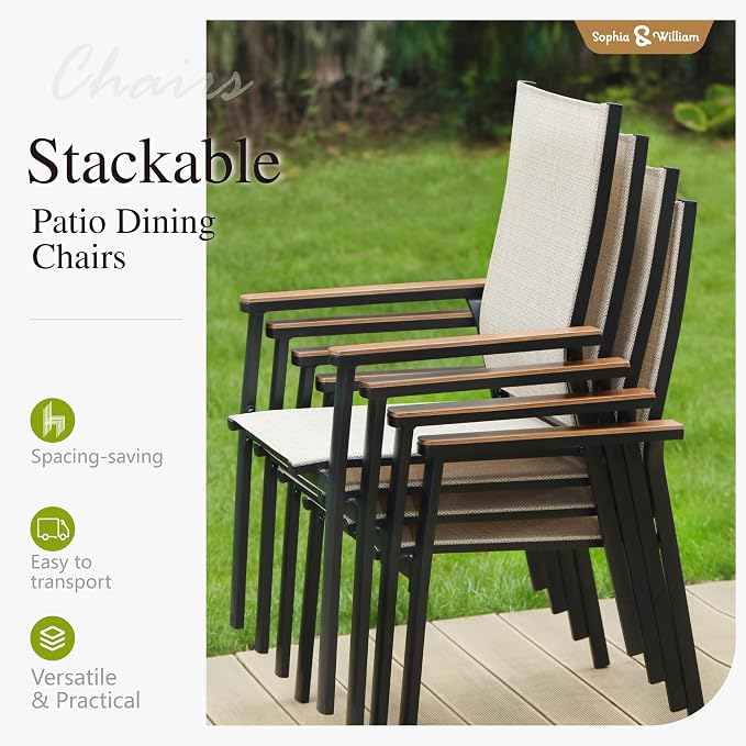 Sophia & William Round Patio Dining Set for 4 with Aluminum Chairs, Beige | Metal table, Stackable sling chairs, Breathable & quick-drying, Light-weight & space-saving, Umbrella Hole, Outdoor, 5 piece