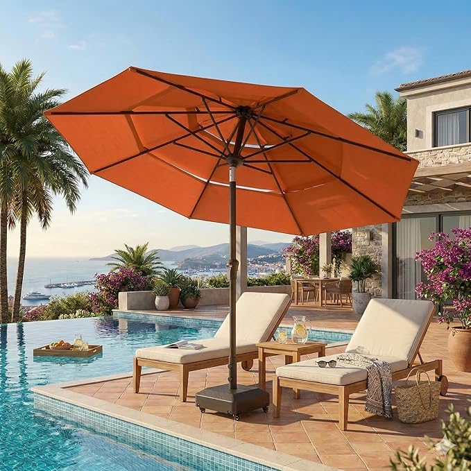 10ft Patio Umbrella, 3 Tier Outdoor Market Table Umbrellas with 8 Fiberglass Ribs and Push Button Tilt, Windproof, Vented Canopy, UV Protection for Deck, Pool, Backyard