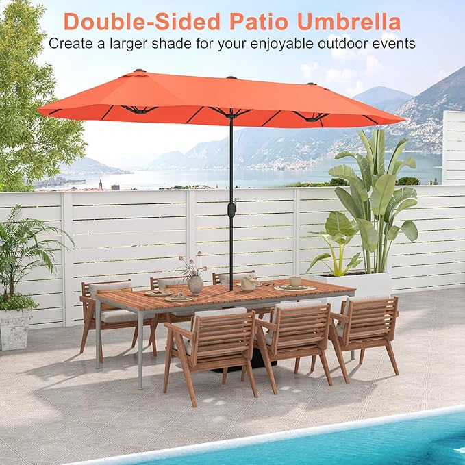 Giantex Patio Umbrella with Base, Double-Sided Outdoor Umbrella with Crank Handle, Umbrella Base Stand with 2 Sandbags, 12 Metal Ribs, Market Umbrellas for Garden Poolside Deck