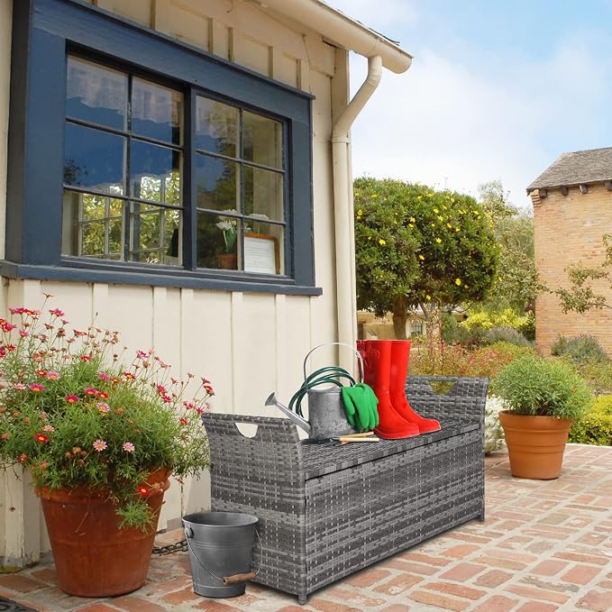 Outvita Outdoor Storage Box, Patio Rattan Storage Bench with Cushion for Backyard, Balcony, Poolside, Garden (Gray)