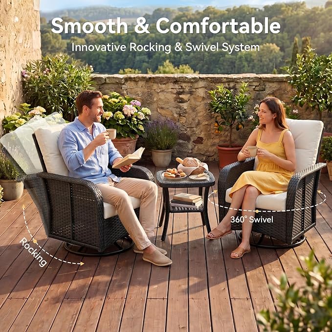 Aoxun 9-Piece Patio Furniture Set with Thick Cushions, Wicker Rattan Sectional Sofa with High Back Swivel Rocker Chairs, Outdoor Patio Furniture Set with Coffee Table & Ottoman, Beige