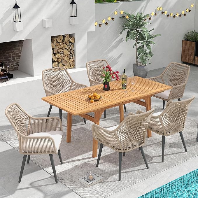 Patiorama 7-Piece Dining Set, Outdoor Dining Table Chair Set, Patio Wicker Dining Table Chair Set with 55"-71" Acacia Wood Expandable Table & Twisted Rattan Chairs for Yard Garden(Tan & Cross Back)