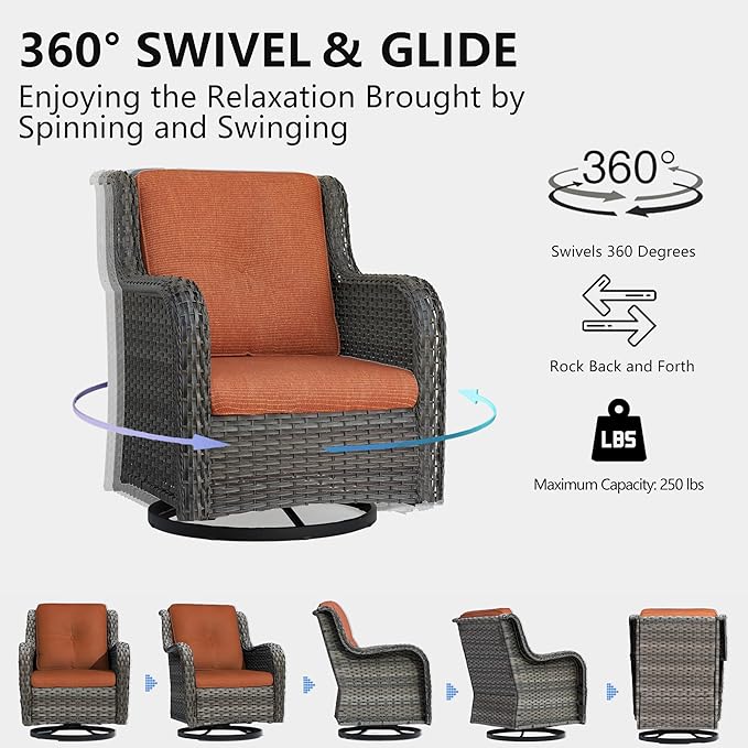 Outdoor Wicker Rocker Chairs Set of 3, High Back Patio Chairs Wicker Furniture Set, 2PCS Rattan Swivel Rocking Chair with Side Table(Mixed Grey/Orange)