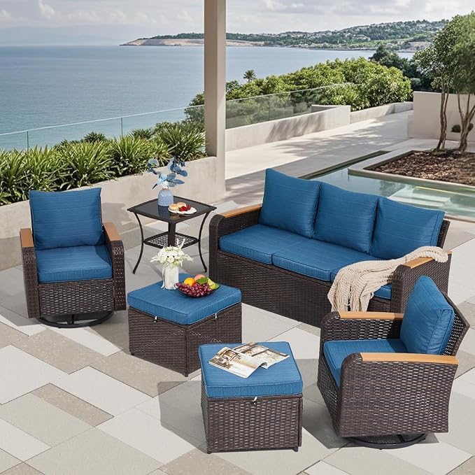 6 Piece Wicker Patio Furniture Set Outdoor Conversation Set with PE Rattan Sectional Sofa and Swivel Chairs for Indoor and Outdoor Spaces