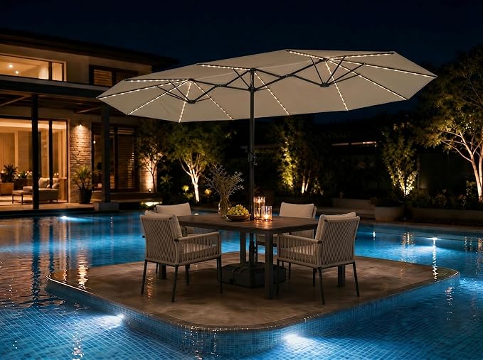 PURPLE LEAF 14ft Patio Market Umbrella with Solar LED and Base Double-Sided Rectangle Outdoor Table Sun Umbrellas with Crank for Pool Beach Deck Backyard Khaki