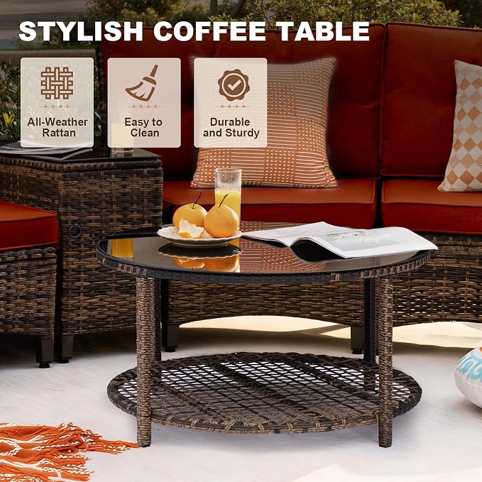 MEISSALIVVE 9-Piece Half-Moon Curved Outdoor Patio Furniture Set, Sectional Conversation Sofa with Wood Armrests, Coffee & Side Tables for Backyard Deck Garden, Red