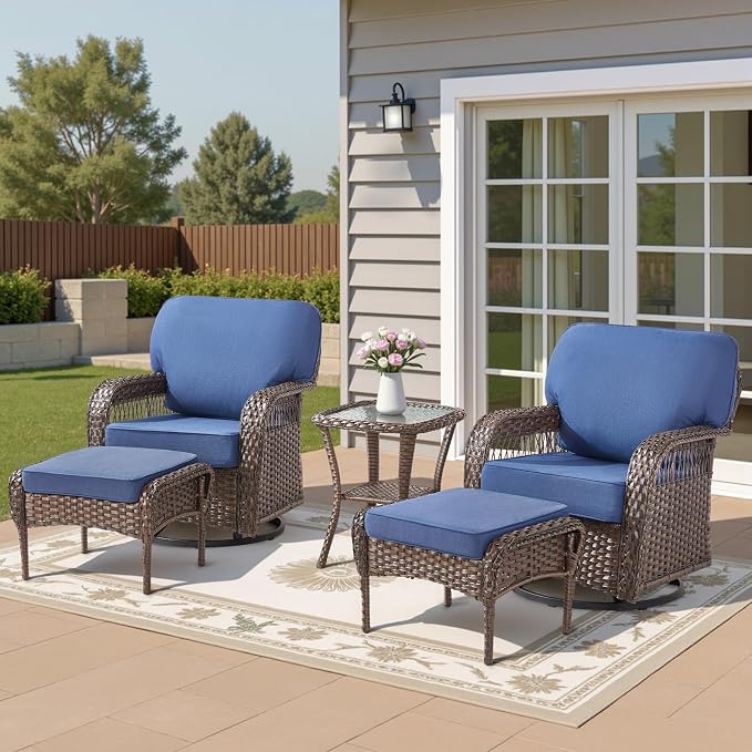 5 Pieces Patio Furniture Set, All Weather Wicker Swivel Rocker Patio Chairs with Ottomans Rattan Side Table, Outdoor Seating Furniture Conversation Sets for Deck Porch Sunroom, Blue