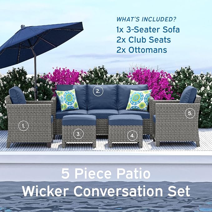 Nestl Patio Furniture Set - Outdoor Patio Furniture Sets, Patio Sectional Furniture Set, 5 Piece Patio Furniture Sets, Patio Conversation Sets, Brown Wicker Patio Furniture Sets with Beige Cushions