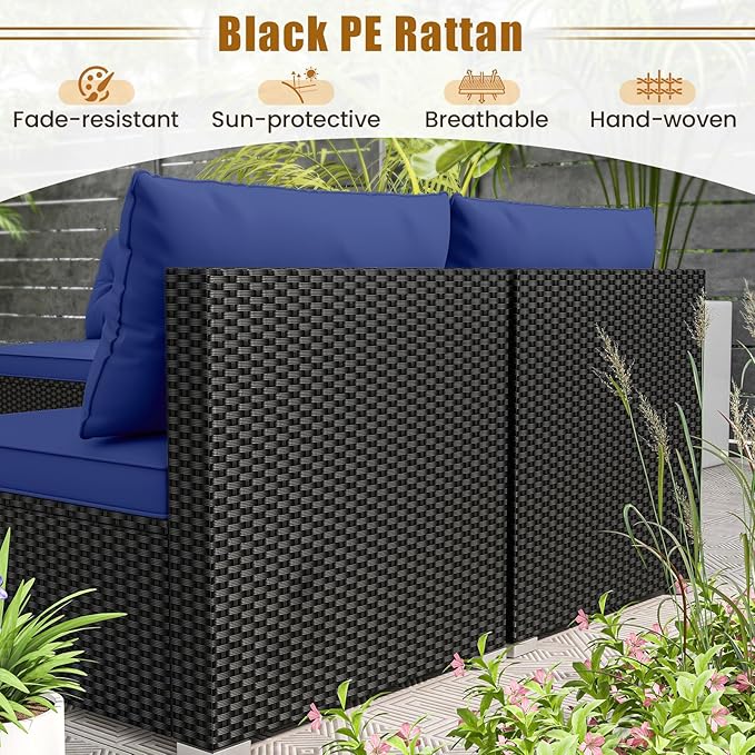 5 Pieces Patio Furniture Set, Outdoor Sectional Sofa with Acacia Wood Coffee Table & Cushions, Wicker Patio Conversation Set for Porch, Deck, Balcony, Poolside & Backyard (Navy Blue)