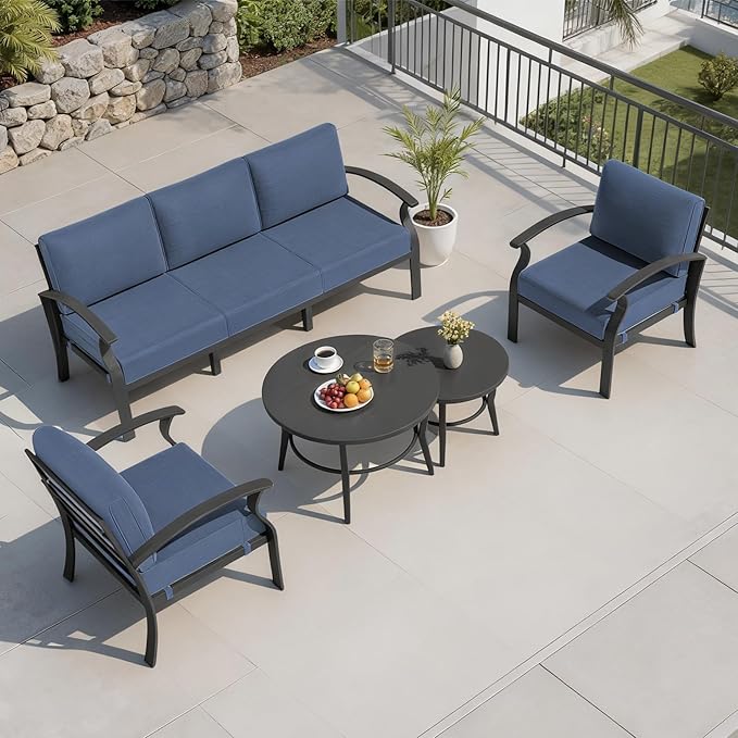 Aluminum Outdoor Patio Furniture Set,5 Seats Patio Conversation Sets with 2 Round Coffee Tables,Metal Patio Sectional Furniture Set with 5.1" Thickened Cushions,Navy Blue
