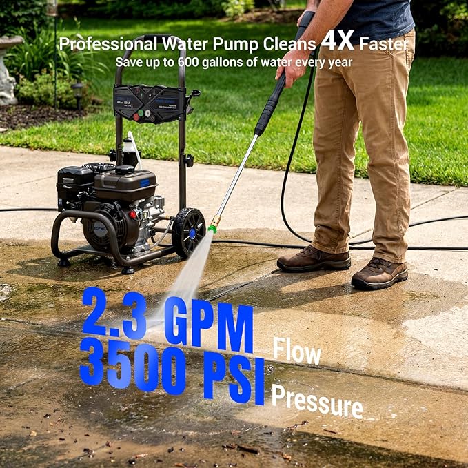 3500 PSI Gas Pressure Washer, 2.3GPM Gas Powered Power Washer with 209cc OHV Engine, Soap Tank, 25FT Pressure Washer Hose,Pressure Gun & 4 Nozzles for Cars/Driveways/Homes/Patios