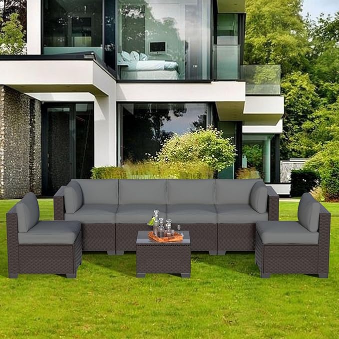 7 Piece Patio Furniture Set, Wicker Patio Conversation Sets, Outdoor Sectional Furniture with Tempered Glass Table, for Backyard, Deck, Garden, Dark Brown Rattan & Dark Gray Cushions