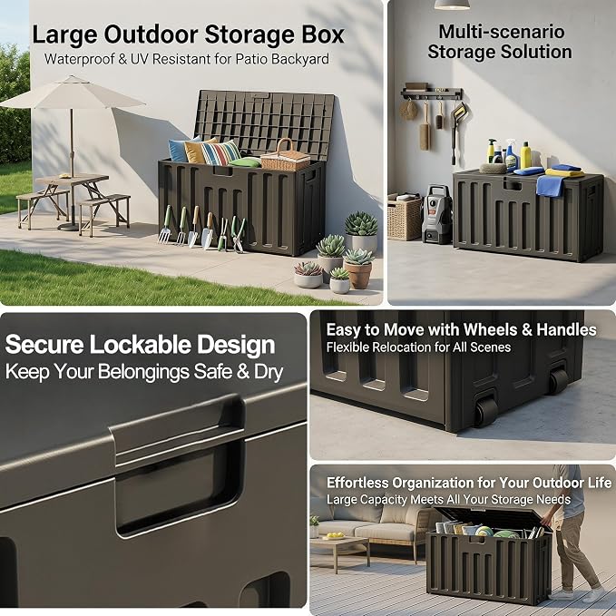 76 Gallon Outdoor Deck Box with Wheels & Lockable Lid - Waterproof UV Resistant Resin Storage Box, Patio Bench Container for Garden Tools, Pool Accessories, Backyard Porch & Patio Cushions (Black)
