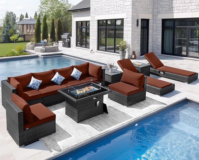 NICESOUL 11 Piece Outdoor Conversation Set with Firepit Propane/Gas, 29.3'' High Back Comfortable Patio Furniture Set w/Chaise Lounger, Large Deep Couches for Outside, 2 Color Cushion Burgundy & Gray