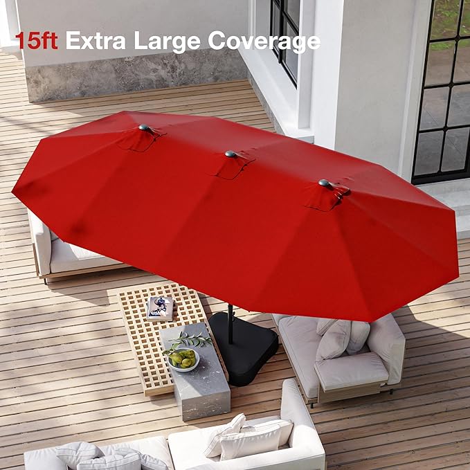 Joyside 15FT Large Patio Umbrella, Outdoor Double Sided Umbrella, Rectangle Umbrella with Crank Handle, 12 Sturdy Ribs for Deck, Porch and Pool