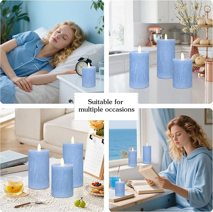 Rustic Blue Flameless Candles with Remote Control & Timer Real Wax Ocean Pillar LED Candles Rough Texture Design Battery Candles for Home Party Nautical Wedding Christmas Valentine's Day Decor