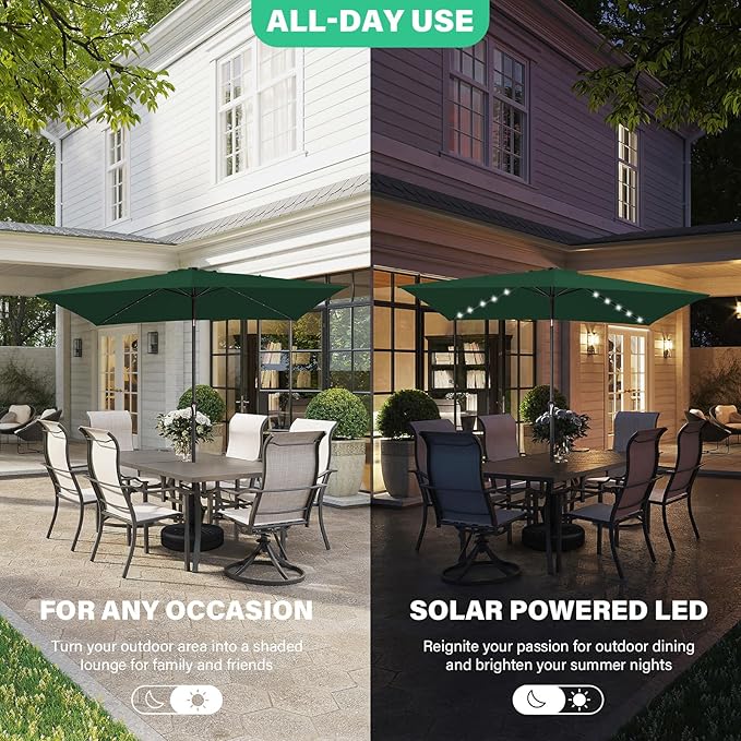 JEAREY 6.5x10 ft Rectangular LED Lighted Patio Umbrellas Outdoor Solar Table Market Umbrella w/Push Button Tilt/Crank, 6 Sturdy Ribs, UV Protection Waterproof Sunproof(Dark Green)