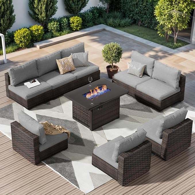 Patio Furniture Set with Fire Pit Table, Outdoor Sectional Rattan Sofa Set, Patio Set Seating Furniture with Thickened Cushions (Gray, 9 Pieces)