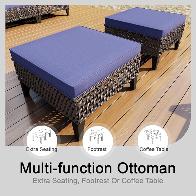 15-Piece Outdoor Patio Furniture Set, Wicker Rattan Conversation Set with Fire Pit Table and Foot Rest, Sectional Modular Sofa Couches Chairs Ottomans for Deck, Balcony, Backyard, Yard (Blue Cushions)
