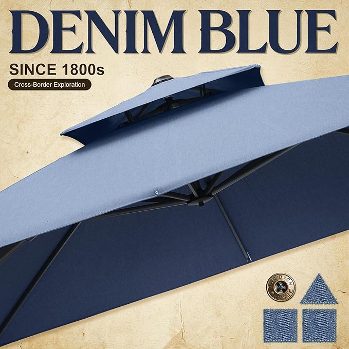 PURPLE LEAF Cantilever Umbrella with Base Included 10FT Outdoor Double Top Large Offset Hanging 360° Rotation Heavy Duty Square Umbrella for Garden Patio Deck Pool Backyard Spectrum Denim