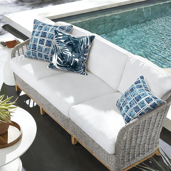 Outdoor Throw Pillow Covers Pack of 2, Decorative Water Repellent Square Pillow Cases with Piping 18x18 Inch, Denim Blue Checkered